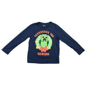 Old Navy Minecraft Creeper Shirt Boys Medium 8 Navy Blue Long Sleeve Christmas